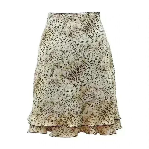 Briggs Y2K Animal Jaguar Print Knee Length Skirt w/Double Lettuce Hem Size Small - Picture 1 of 7